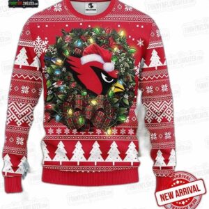 Arizona Cardinals Christmas Wreath Lights Ugly Christmas Sweater – Red Fair Isle Football Holiday Gift