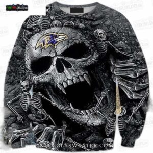 Baltimore Ravens Skull Skeleton Ugly Christmas Sweater – Dark Gothic Football Holiday Gift
