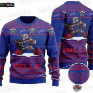 Buffalo Bills Mandalorian Baby Yoda Ugly Christmas Sweater – Blue Red Holiday Football Design