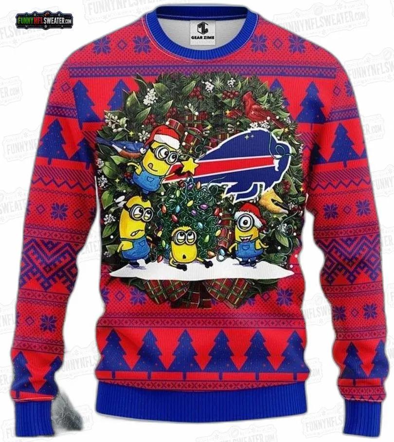 Buffalo Bills Christmas Wreath Ugly Sweater – Red Tree & Cartoon Football Design Buffalo Bills Christmas Wreath Ugly Sweater – Red Tree & Cartoon Football Design