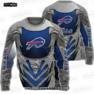 Buffalo Bills Futuristic Armor Ugly Christmas Sweater – Blue Silver Football Holiday Gift