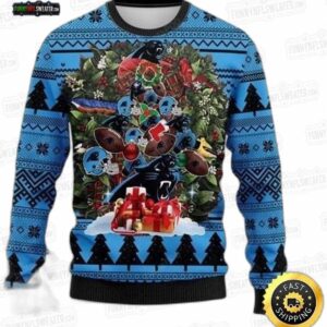 Carolina Panthers Christmas Wreath Presents Ugly Christmas Sweater – Blue Black Football Holiday Gift