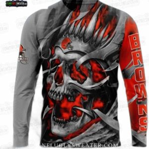 Cleveland Browns Flaming Skull Ugly Christmas Sweater – Gray Orange Gothic Football Holiday Gift