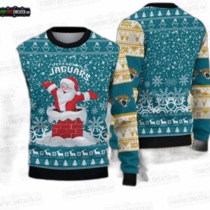 Jacksonville Jaguars Santa Chimney Ugly Christmas Sweater – Teal Snowflake Football Holiday Gift