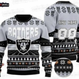 Las Vegas Raiders Personalized Name Number Ugly Christmas Sweater – Silver Black Football Holiday Gift