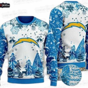 Los Angeles Chargers Snowy Forest Ugly Christmas Sweater – Blue White Lightning Bolt Football Holiday Gift