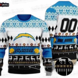 Los Angeles Chargers Personalized Lightning Reindeer Ugly Christmas Sweater – Blue White Football Holiday Gift