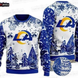 Los Angeles Rams Snowy Pine Forest Ugly Christmas Sweater – Blue White Football Holiday Gift
