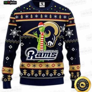Los Angeles Rams Grinch Santa Hat Ugly Christmas Sweater – Navy Gold Football Holiday Gift