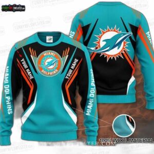 Miami Dolphins Custom Name Logo Ugly Christmas Sweater – Aqua Football Holiday Gift