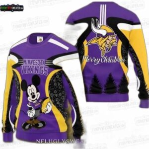 Minnesota Vikings Mickey Mouse Graphic Ugly Christmas Sweater – Purple Gold Football Holiday Gift