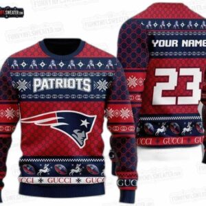 New England Patriots Custom Name Number Ugly Christmas Sweater – Red Navy Monogram Football Holiday Gift