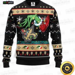 New Orleans Saints Grinch Christmas Lights Ugly Christmas Sweater – Black Gold Football Holiday Gift