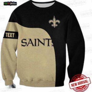 New Orleans Saints Black Gold Split Ugly Christmas Sweater – Custom Sleeve Football Holiday Gift