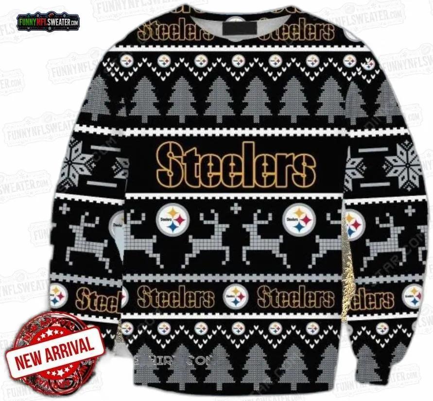 Pittsburgh Steelers Reindeer Tree Ugly Christmas Sweater – Black Gray Football Holiday Gift Pittsburgh Steelers Reindeer Tree Ugly Christmas Sweater – Black Gray Football Holiday Gift