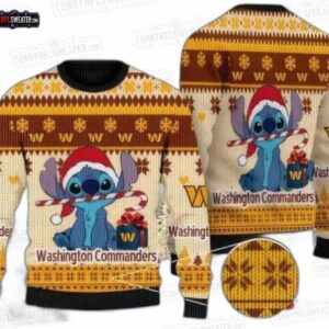 Washington Commanders Stitch Candy Cane Ugly Christmas Sweater – Burgundy Gold Football Holiday Gift